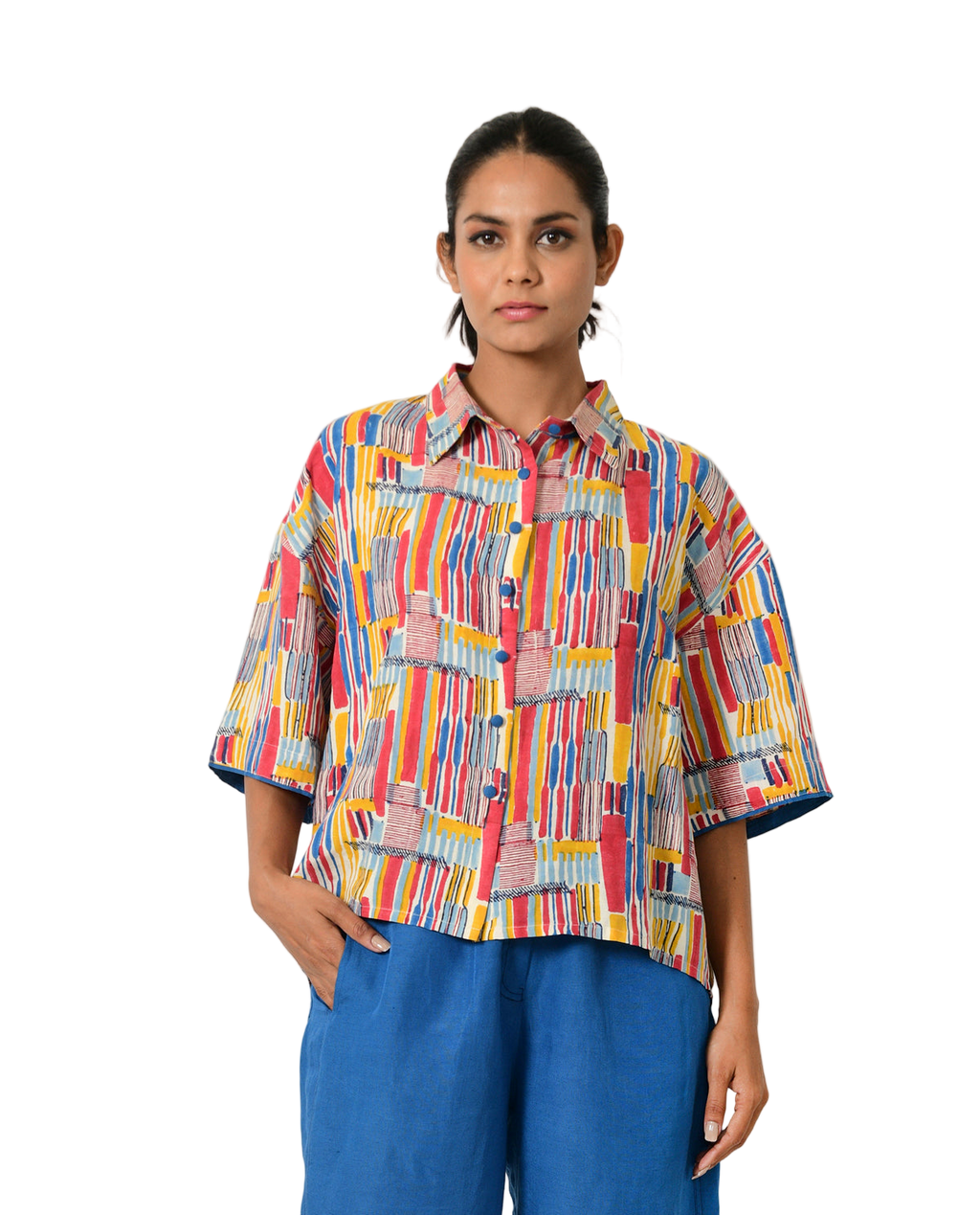 Scribble Hand Block Linen Crop Shirt