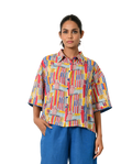 Scribble Hand Block Linen Crop Shirt