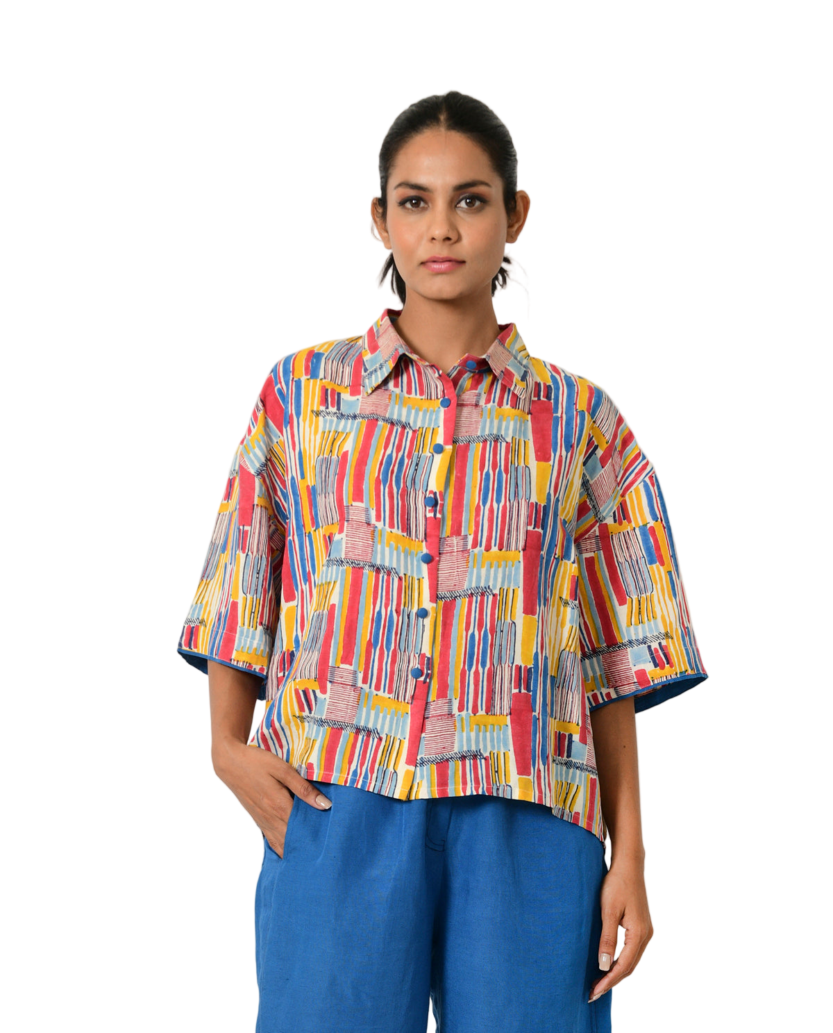 Scribble Hand Block Linen Crop Shirt