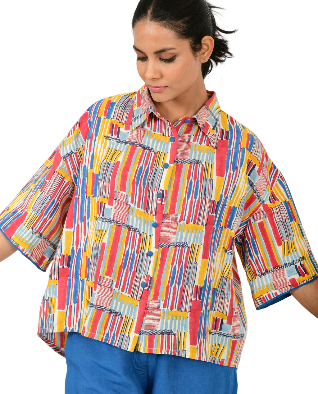 Scribble Hand Block Linen Crop Shirt